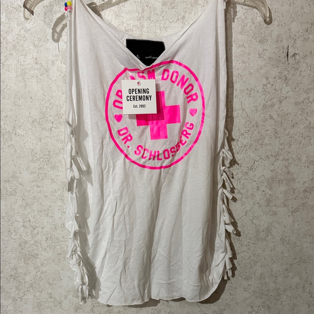 Opening Ceremony White Tank with Neon Pink Design